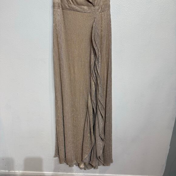 Aqua Gold Ruffled Cap Sleeve Off Shoulder Metallic Maxi Gown Sz 4 NWT - Picture 4 of 14